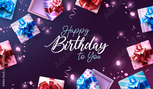 Birthday gifts vector background design. Happy birthday to you text with gift boxes and shiny confetti elements for celebrating birth day party greeting card. Vector illustration
