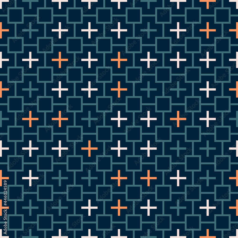 Fototapeta premium Seamless square cross tile random vibrant teal and orange pattern vector background