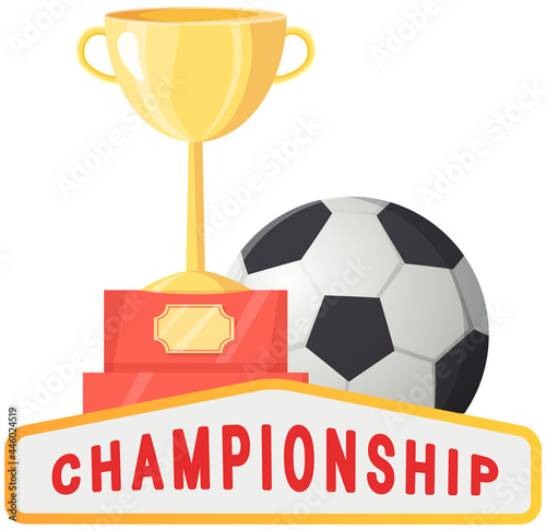 Gold cup near football ball poster of sport game competition, championship cup banner template. Football stadium, prize medal on ribbon with soccer ball and banner with sporting event announcement