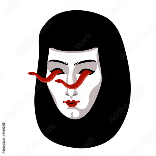 a white female mask with red snakes in the eye sockets, a mystical character, a symbol of lies, color vector illustration isolated on a white background in the cartoon style and a flat design