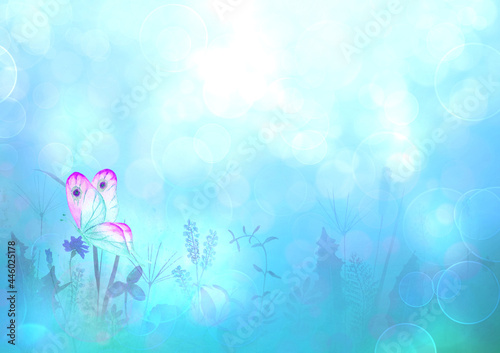 Meadow wild flowers, herbs, grasses horizontal background with colorful butterfly