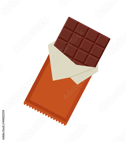 A hand-drawn chocolate bar in a red open package. Chocolate sweets. Product from cocoa beans. Colored flat vector illustration isolated on white. Suitable for valentines day. 