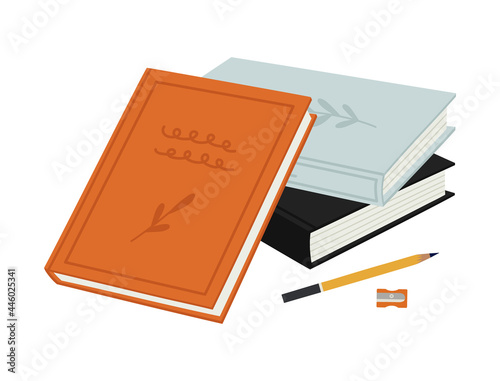 Vector illustration of the stack of books, pencil sharpener, and pencils, isolated on white. Hand-drawn set. Objects for learning, reading, school tools. Top view. Suitable for book shops.