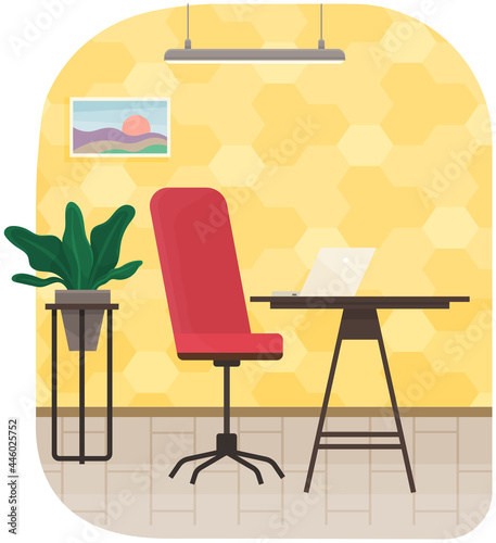 Modern workplace flat design. Office chair and office desk in cozy room interior. Furniture and equipment for workplace of employee or office worker, vector interior workspace