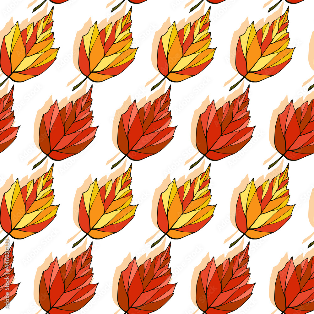 Obraz premium Falling autumn leaves seamless pattern. Colored foliage boundless background. Bright fall endless texture. Red, yellow, orange leaves repeating surface design. Colorful autumn backdrop.
