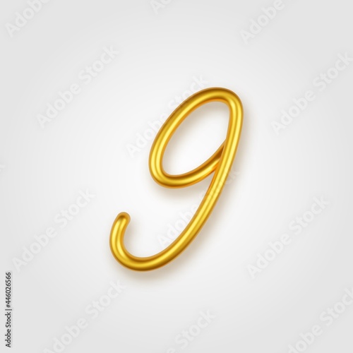 Gold 3d realistic number 9 sign on a light background.