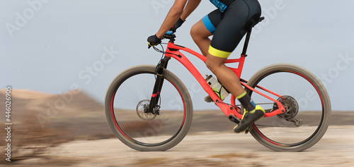 Obraz na plátne Motion blur of a mountain bike race with the bicycle and rider at high speed
