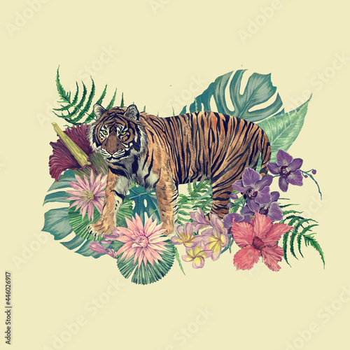 Hand drawn watercolor illustration of indonesian tiger with leaves and flowers