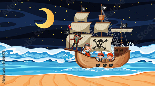 Ocean with Pirate ship at night scene in cartoon style