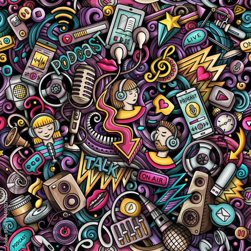 Cartoon doodles Audio content seamless pattern.