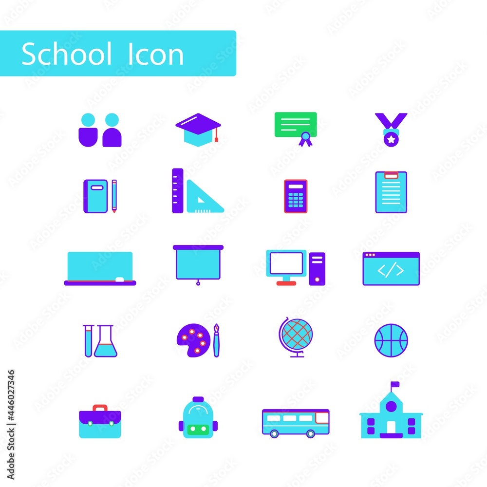 Colorful line icons set of school and education on white background. Colorful line icons set of school and education on white background.