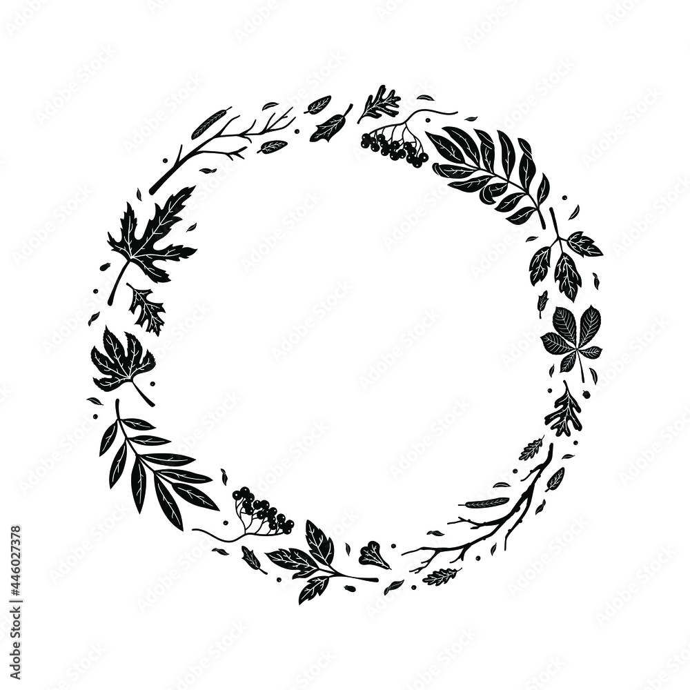 Black and white autumn frame. Rowan berries and leaves, oak and maple leaves border. Modern flat organic style. Vector isolated on white. Black and white autumn frame. Rowan berries and leaves, oak and maple leaves border. Modern flat organic style. Vector isolated on white.