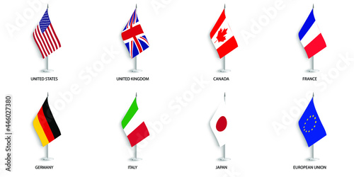 Set of G7 table flag or desk flag on white background. The Group of Seven (G7) is consisting of Canada, France, Germany, Italy, Japan, the United Kingdom and the United States photo