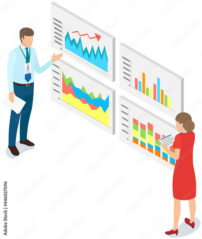 Visualize with business analytics. People work with statistical data analysis, changing indicators. Employees analyze statistical indicators, business data. Characters work with marketing research Visualize with business analytics. People work with statistical data analysis, changing indicators. Employees analyze statistical indicators, business data. Characters work with marketing research