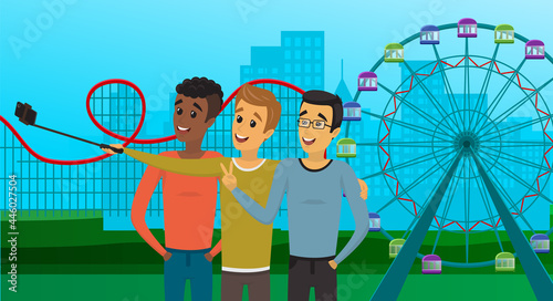 Male friends with smartphone are making photo on cityscape park background. Men with phone on monopod are posing for selfie with skyscrapers and ferris wheel. People during tour in modern city