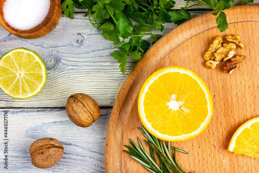 Salad ingredients. Vegan salad preparation. Work table in the kitchen.