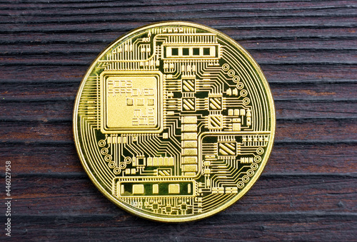 Blockchain technology. Crypto Coin of gold color. Satoshi. Souvenir bitcoin coin