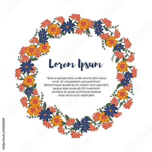 Delicate floral greeting card template design with spring wildflowers wreath woven with blooming grass inflorescences with caption Spring