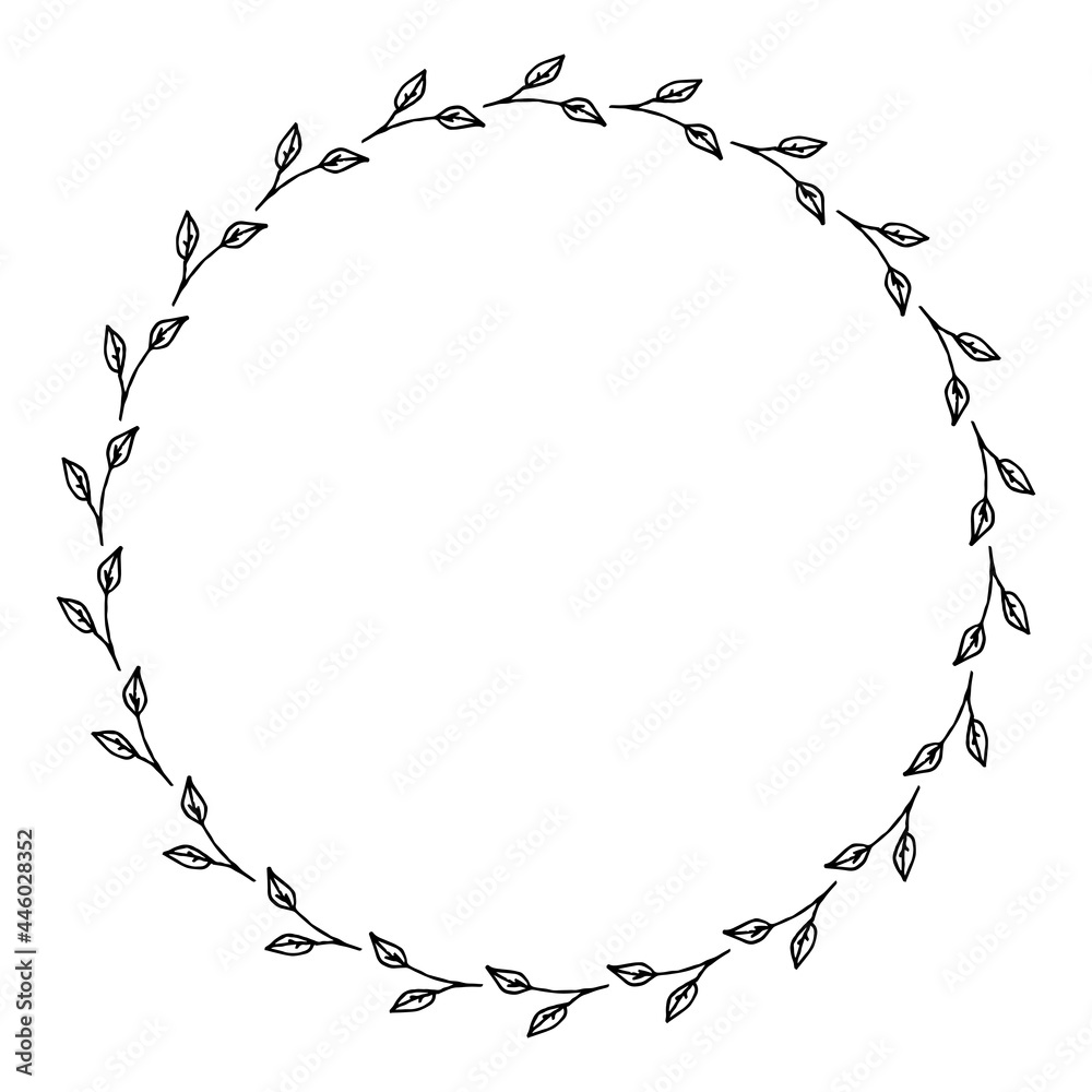 Round frame with cute black-and-white branches on white background. Doodle style. Vector image.