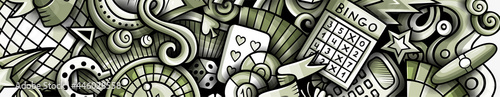 Casino hand drawn doodle banner. Cartoon vector detailed flyer.