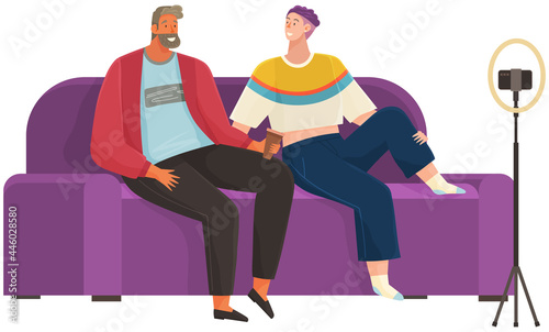 People are recording video on smartphone. Couple sitting on sofa is broadcasting live, podcasting using phone. Record video, live online podcast. Characters broadcasting, recording video blog