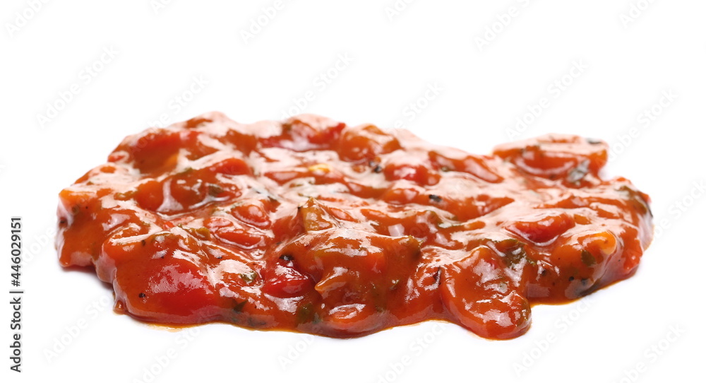Pindjur relish made from red paprika, pepper and eggplant, vegetable sauce isolated on white background Pindjur relish made from red paprika, pepper and eggplant, vegetable sauce isolated on white background