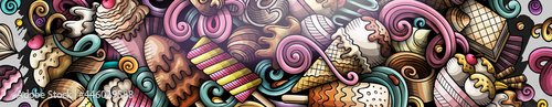 Ice Cream hand drawn doodle banner. Cartoon vector detailed flyer. Illustration with sweet food objects and symbols. Colorful horizontal background