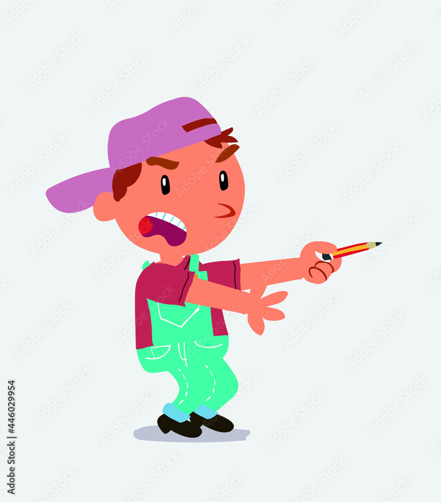  angry cartoon character of little boy on jeans with pencil points to the side.