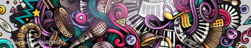 Music hand drawn doodle banner. Cartoon vector detailed flyer. Illustration with musical objects and symbols. Colorful horizontal background