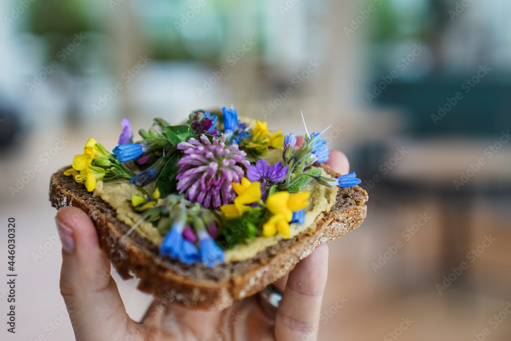 vegan cream cheese substitute on a whole grain bread slice or toast which is flowery decorated with Red clover, dandelion and meadow flowers for a healthy breakfast or snack