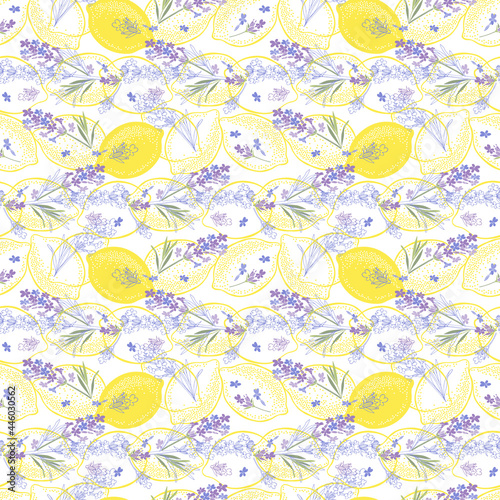 Floral background with hand-drawn lavender flowers and lemons. Vector illustration on white.Perfect for design templates, wallpaper, wrapping, fabric and textile.