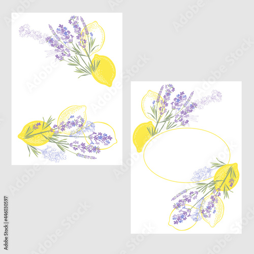 Set of card with lemons and lavender and place for text . Mediterranean ornament concept. Poster, invite. Vector layout decorative greeting card or invitation design background. Two different options.