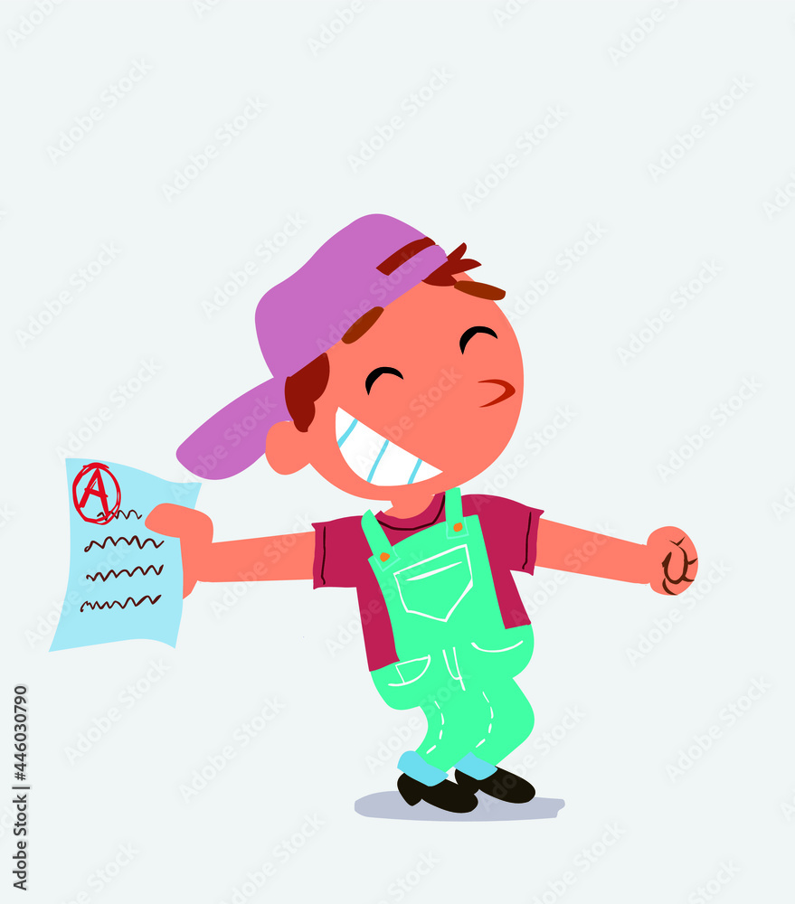 happy cartoon character of little boy on jeans rejoices with exam in hand happy cartoon character of little boy on jeans rejoices with exam in hand