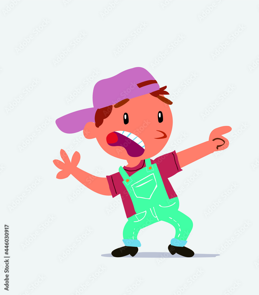 Scared cartoon character of little boy on jeans points to the side. Scared cartoon character of little boy on jeans points to the side.