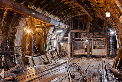Abandoned subway tunnel construction. Deep metro line construction. Old mine for the construction of the subway