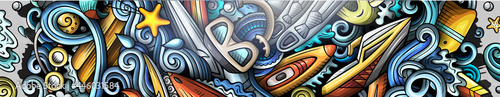 Water sports hand drawn doodle banner. Cartoon vector detailed flyer. Illustration with summer sport objects and symbols. Colorful horizontal background