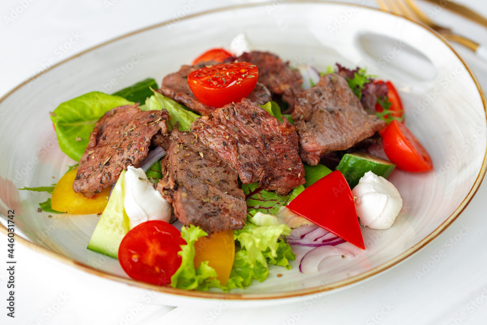 Fillet of beef with vegetable salad on wooden table