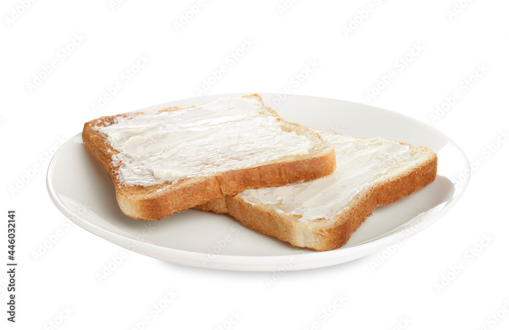 Delicious toasts with butter on white background Delicious toasts with butter on white background