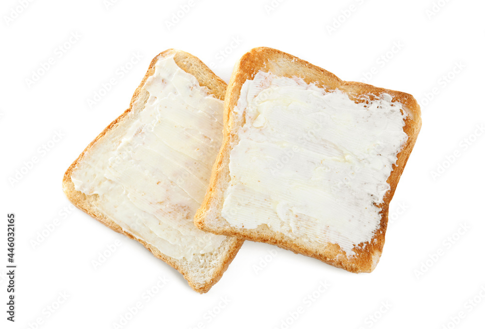 Delicious toasts with butter on white background, top view