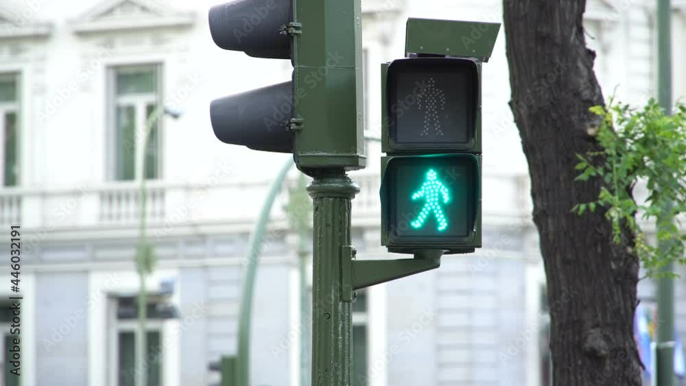 Traffic light for pedestrians, blinking and changing to red.