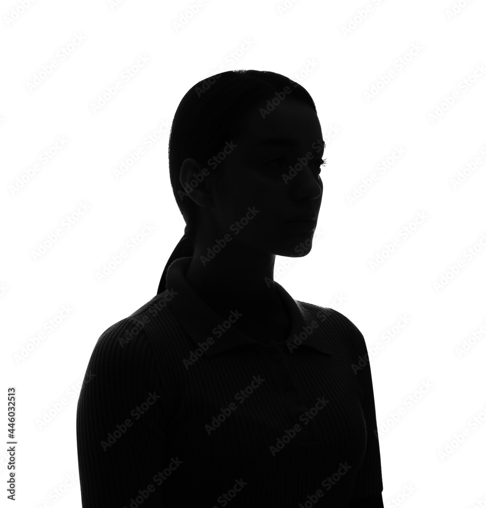 Silhouette of anonymous woman on white background