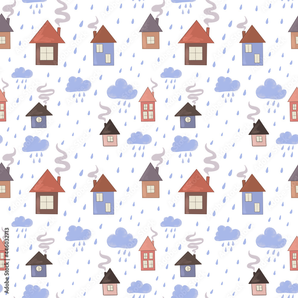 Seamless pattern design with houses on white background. Cute home. Cute houses. Hand drawn illustration. 