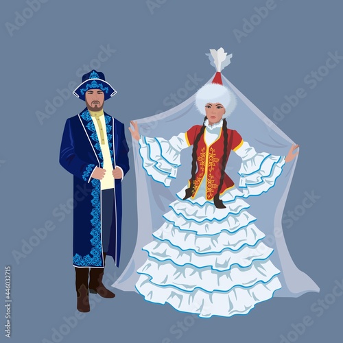 A woman and a man in the Kazakh national costume on the background of the steppe and mountain landscape