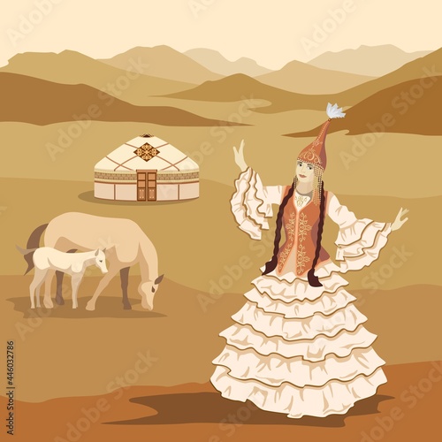 Vector illustration. A beautiful woman in a dance, in a Kazakh national costume, against the background of a mountain landscape, a yurt and horses photo