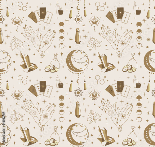 Magic symbols collection set Seamless Pattern.Esoteric,Mysterious boho mystical elements,magic witchcraft crystals,moon,tarot cards,runes vector illustration icons,beige background.Endless Background