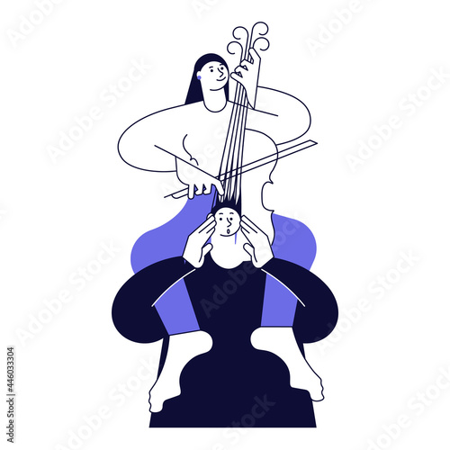 A woman sits on a mans neck and plays on his hair like a cello.