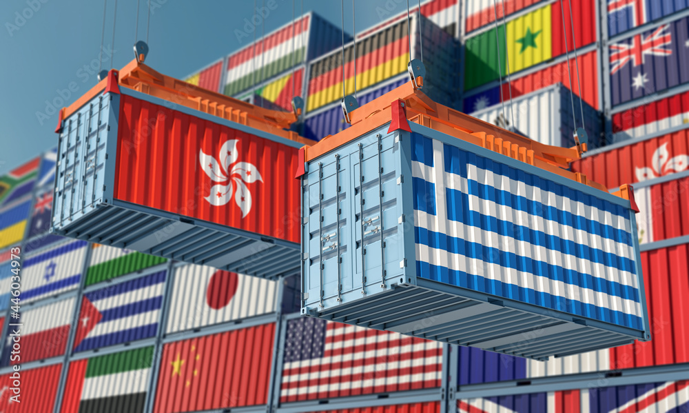 Freight containers with Greece and Hong Kong flag. 3D Rendering 