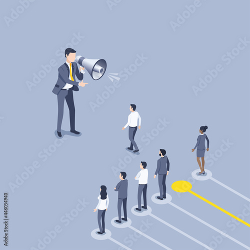 isometric vector illustration on gray background, a man in a business suit with a loudspeaker chooses the best from the candidates, hiring new employees