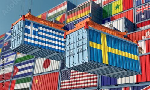 Freight containers with Greece and Sweden flag. 3D Rendering 