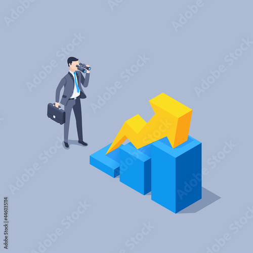 isometric vector illustration on gray background, a man in a business suit with a briefcase looks through binoculars at a rising chart with a yellow arrow going up, rising perspectives